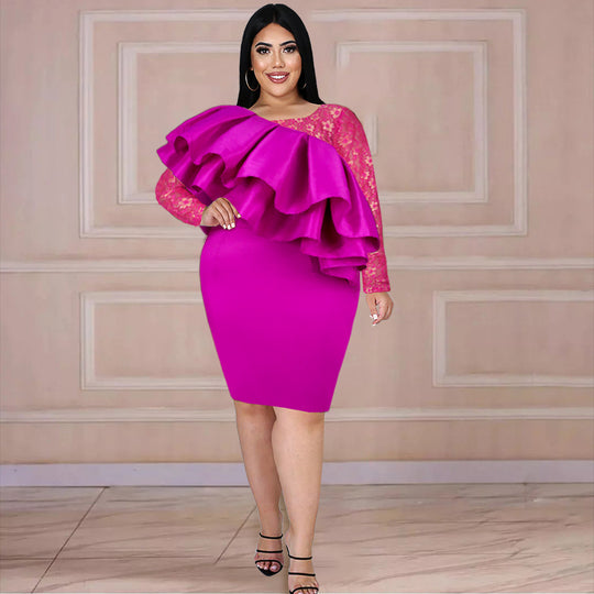 Damen Kleid mit asymmetrischem Rüscheneinsatz und Spitzenoberteil EB