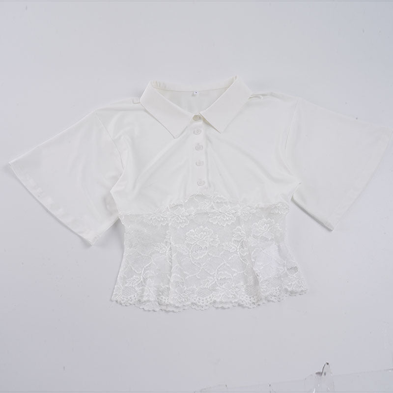 Damen elegantes Kurzarmhemd mit Spitzenbesatz EB