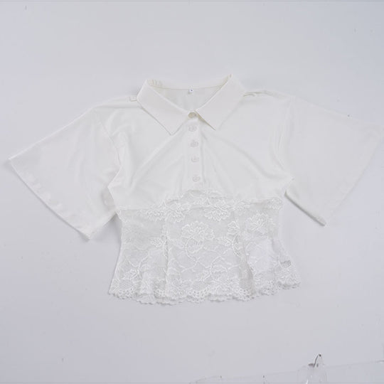 Damen elegantes Kurzarmhemd mit Spitzenbesatz EB