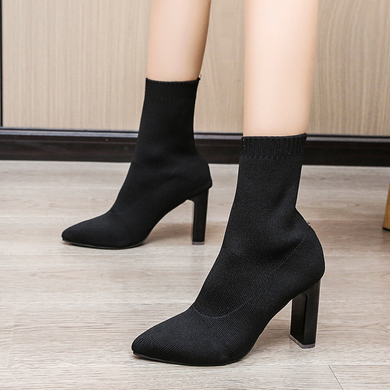 Damen nan gestrickte Sock-Ankleboot mit spitzer Zehenpartie und skulpturellem Blockabsatz EB