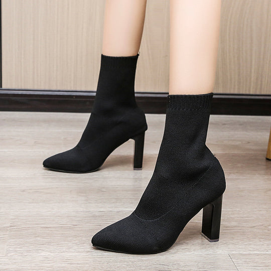 Damen nan gestrickte Sock-Ankleboot mit spitzer Zehenpartie und skulpturellem Blockabsatz EB