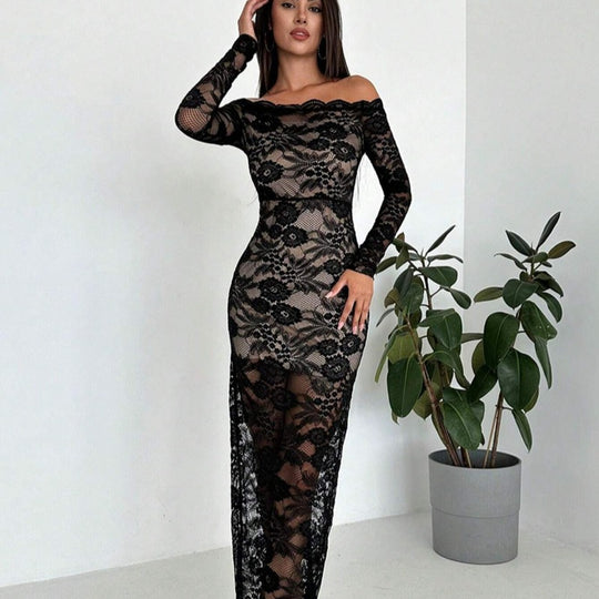 Damen Elegantes Spitzenkleid mit Off-Shoulder Design und langen Ärmeln EB