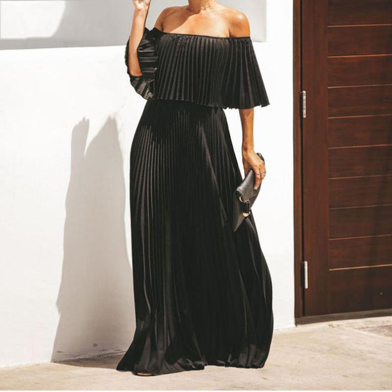 Damen Maxikleid mit asymmetrischem Plisseefall und schulterfreiem Design EB