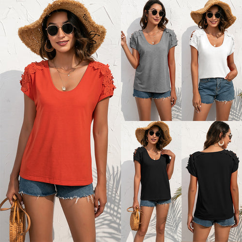 Damen elegantem T-Shirt mit floralem Spitzenbesatz EB