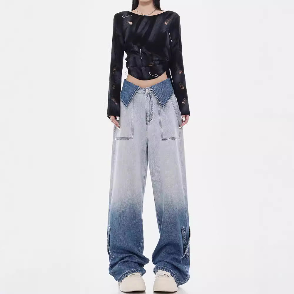Damen Weite Denim-Jeans mit einzigartigem Farbverlauf und modischen Akzenten EB