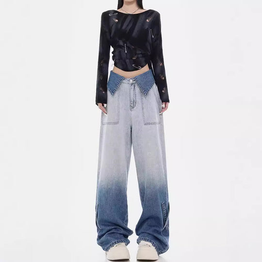 Damen Weite Denim-Jeans mit einzigartigem Farbverlauf und modischen Akzenten EB