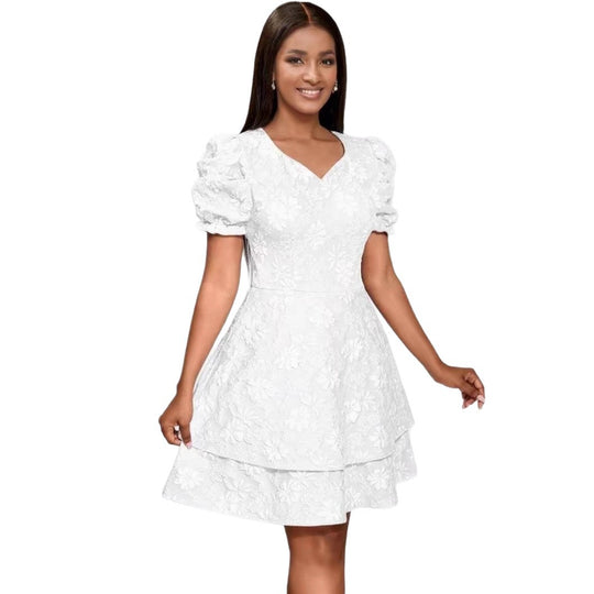Damen romantisches Kurzarmkleid mit gestuftem Rock EB