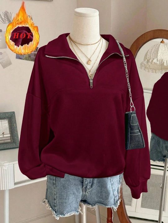 Damen nan Oversize Sweatshirt mit halbem Reißverschluss, Stehkragen und Ballonärmeln EB