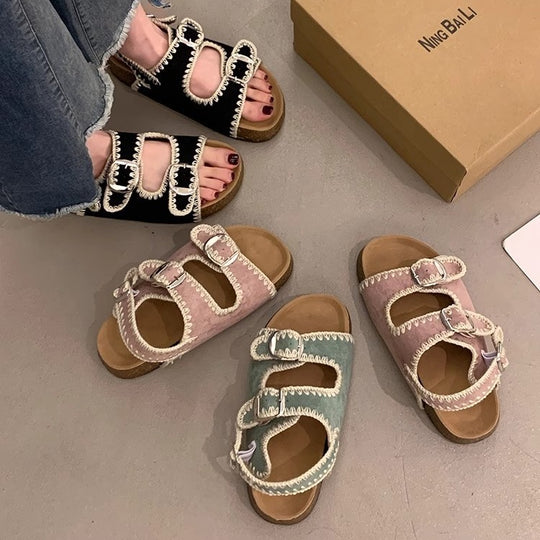 Damen bequeme Sandalen mit verstellbarem Schnallenverschluss und ergonomischem Fußbett EB