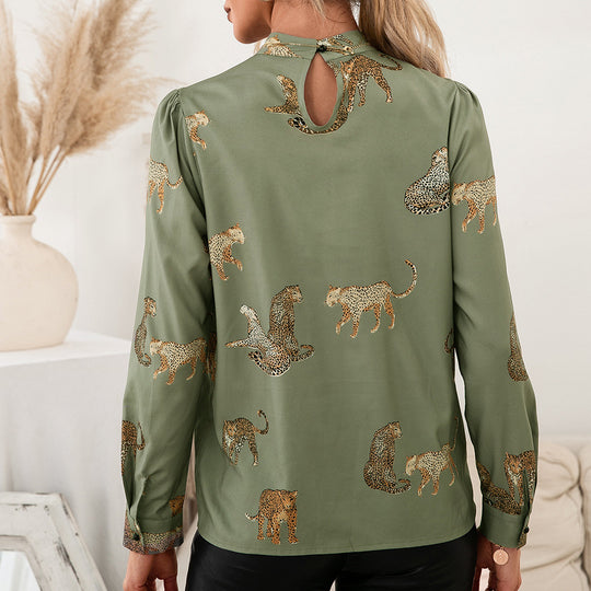 Damen Bluse mit glamourösem Tierdruck und eleganter Stehkragenform EB