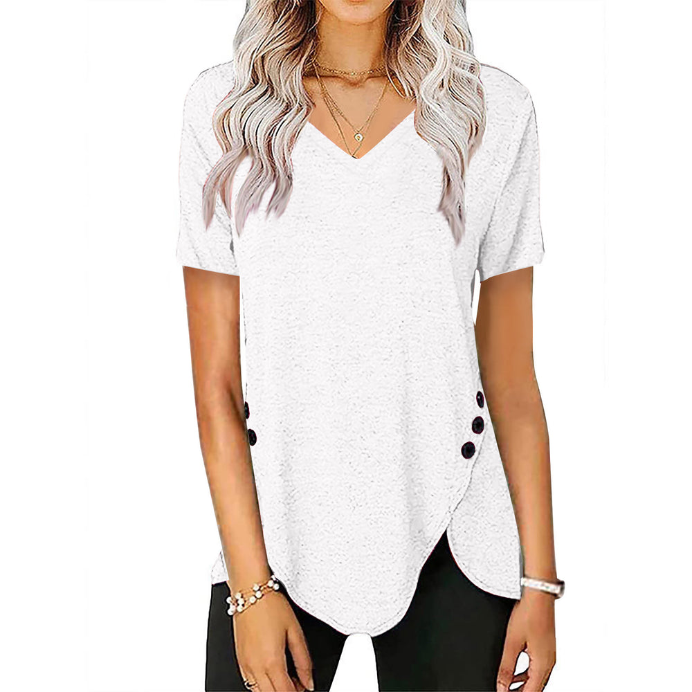 Damen lässiges V-Ausschnitt T-Shirt mit asymmetrischem Saum und dekorativen Knopfdetails EB