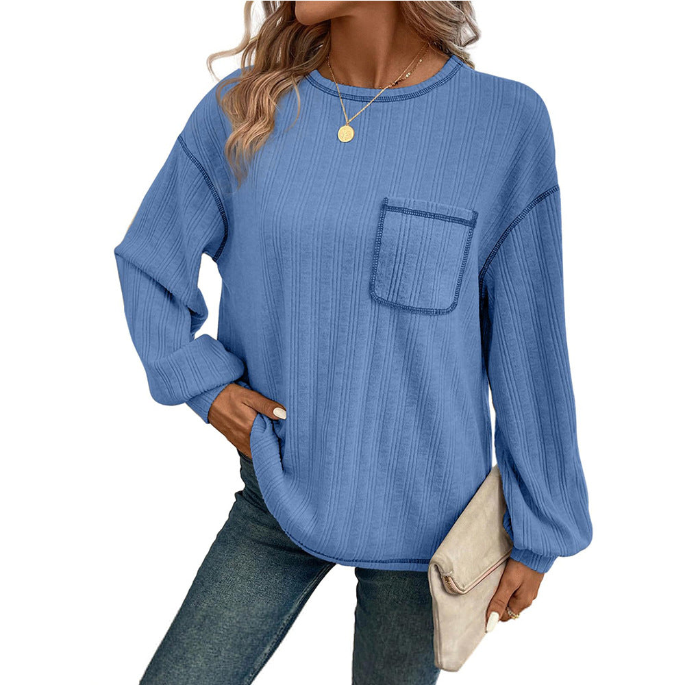 Damen Bequemer Langarm-Shirt mit Rippenstruktur und Brusttasche EB