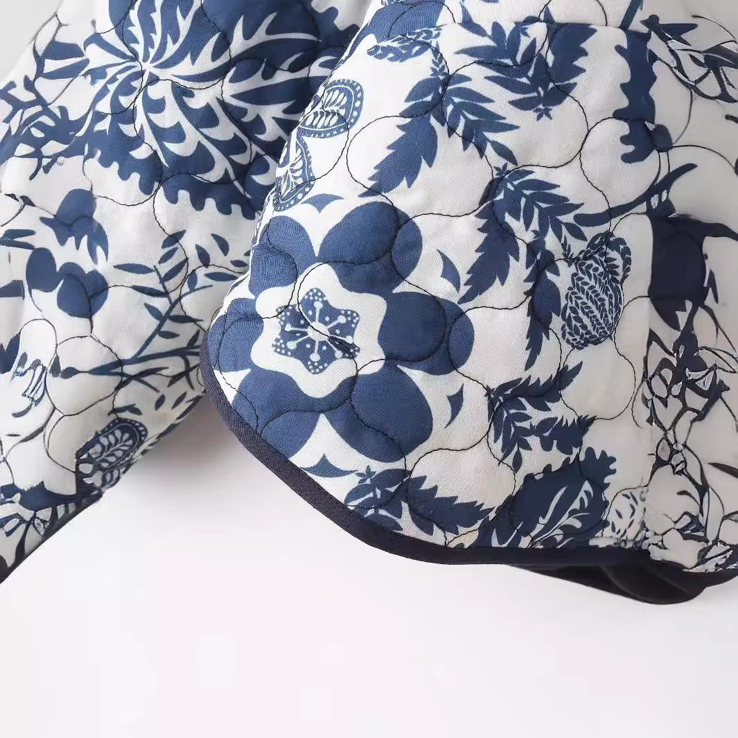 Damen gestepptes Blumenjacke mit innovativen Tasche und Rundhals EB