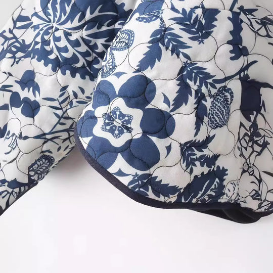 Damen gestepptes Blumenjacke mit innovativen Tasche und Rundhals EB