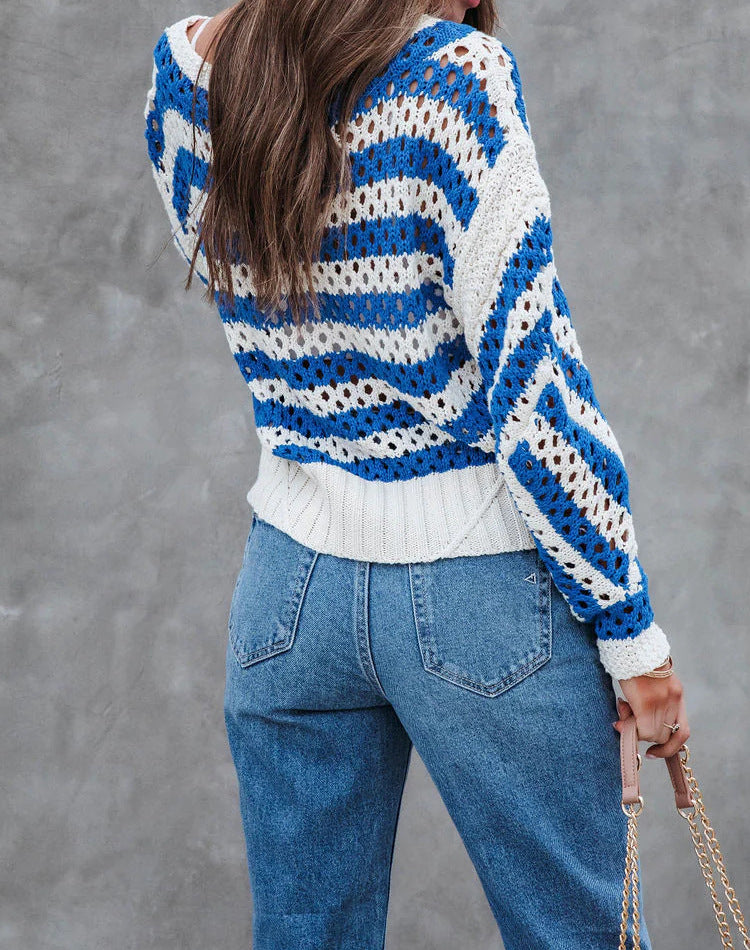 Damen luftiger Strickpullover mit großflächigem Lochmuster und Streifendesign EB