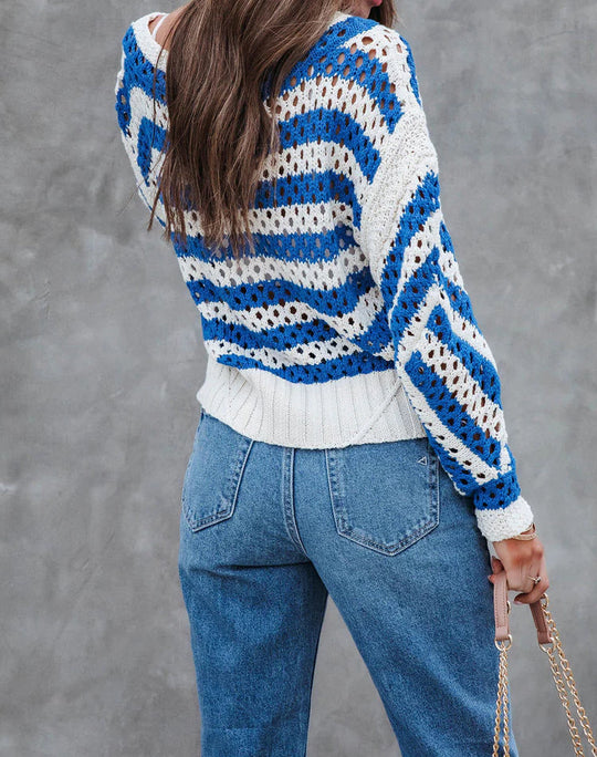 Damen luftiger Strickpullover mit großflächigem Lochmuster und Streifendesign EB