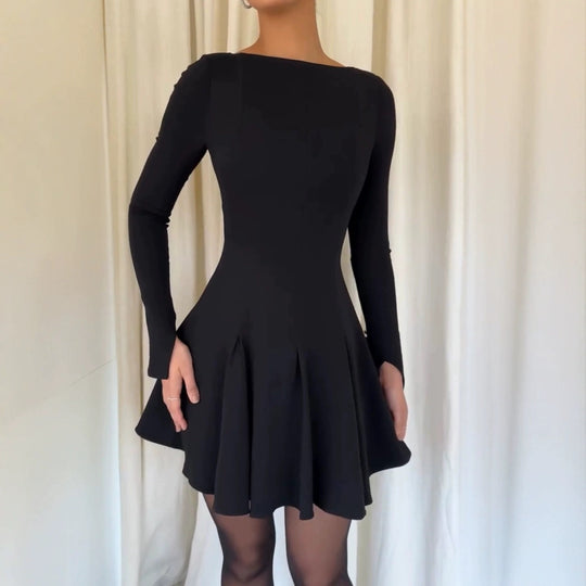 Damen Kleid mit ausgestelltem Rock und eleganten langen Ärmeln EB
