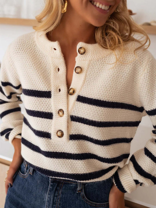 Damen hochwertiger gestreifter Strickpullover mit Knopfdetail und lässigem Schnitt EB