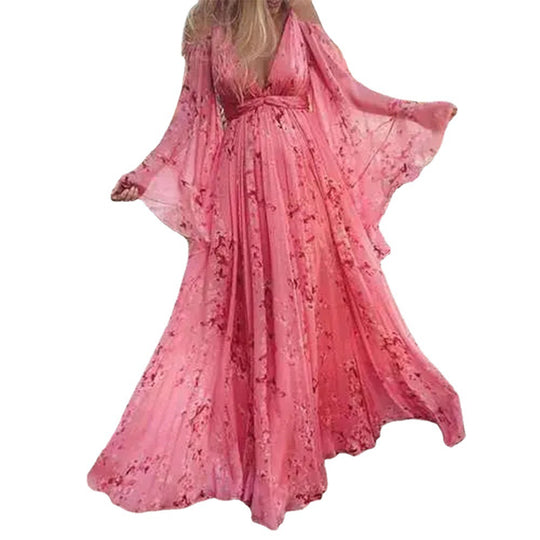 Damen Luftiges Maxi-Kleid mit floralen Akzenten und schwingenden Ärmeln EB