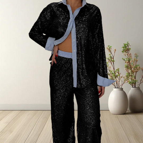 Damen Glitzerndes Pyjama-Set aus hochwertigem Material mit Schalkragen und eleganten Akzenten EB