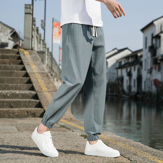 Herren nan tapered Leinen-Baumwoll-Jogger mit Kordelzug, elastischem Knöchelbündchen und schlanker Silhouette EB