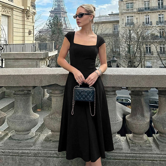 Damen Elegantes Maxikleid mit quadratischem Ausschnitt und fließendem Rock EB