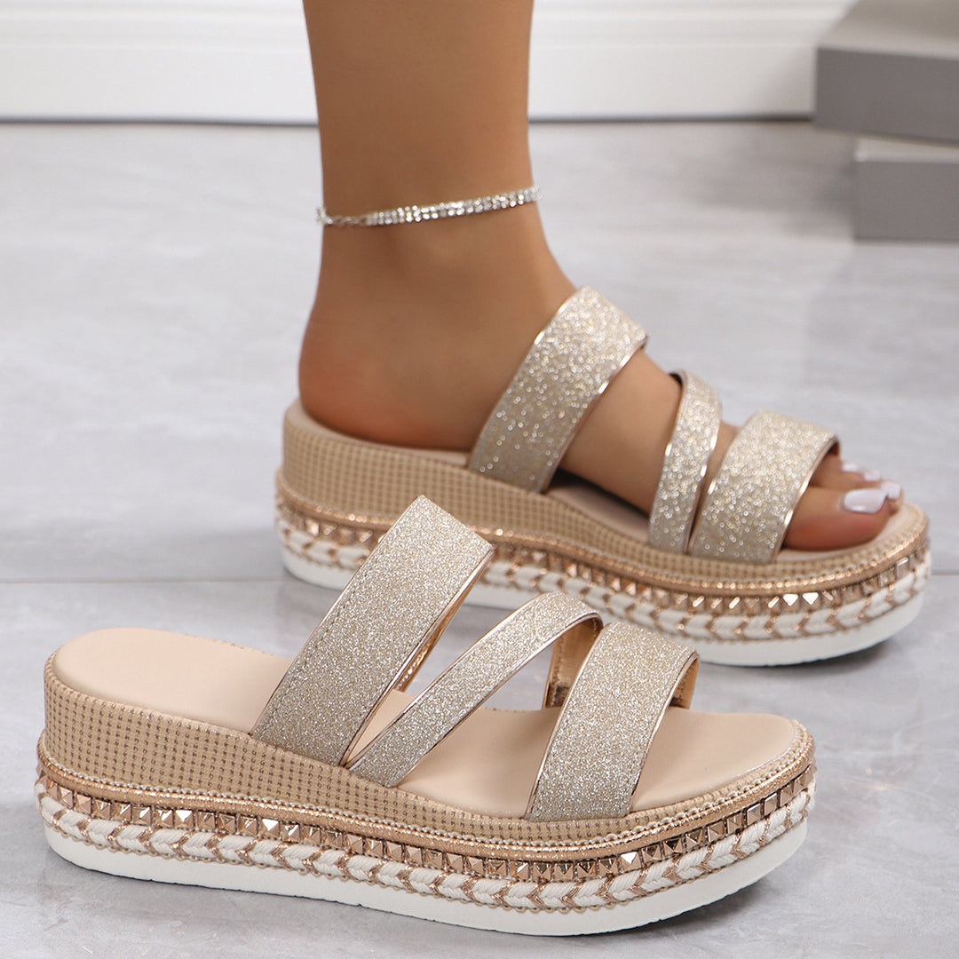 Damen Riemensandalen mit modischer Schmuckverzierung und Plateau-Rand EB