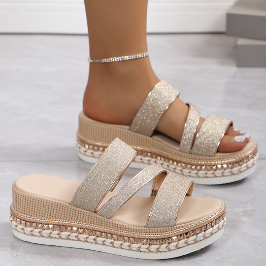 Damen Riemensandalen mit modischer Schmuckverzierung und Plateau-Rand EB
