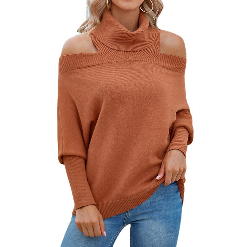 Damen Oversized-Strickpullover mit schulterfreiem Design und hohem Kragen EB