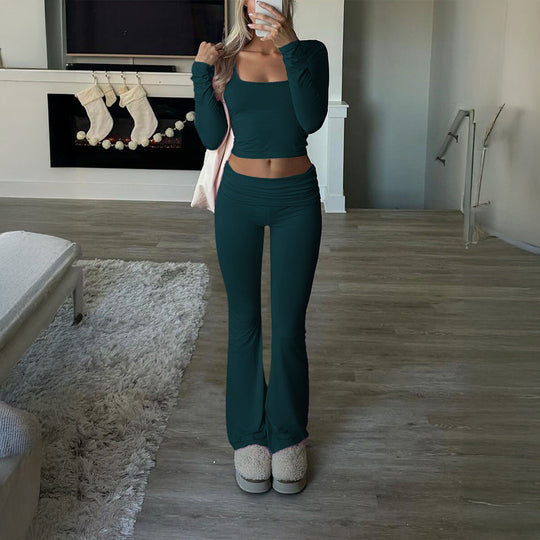 Damen nan figurbetontes Cropped-Set mit langärmeligem Top mit quadratischem Ausschnitt und ausgestellter High‑Waist Yoga-Hose EB