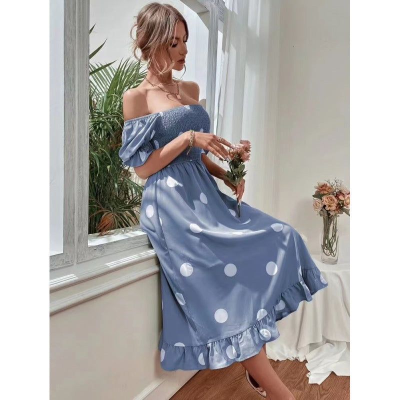 Damen Polka Dot Puff Ärmel Midi Kleid EB
