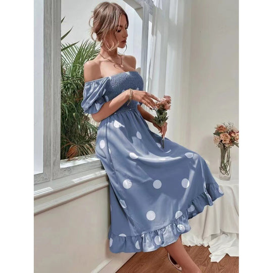 Damen Polka Dot Puff Ärmel Midi Kleid EB