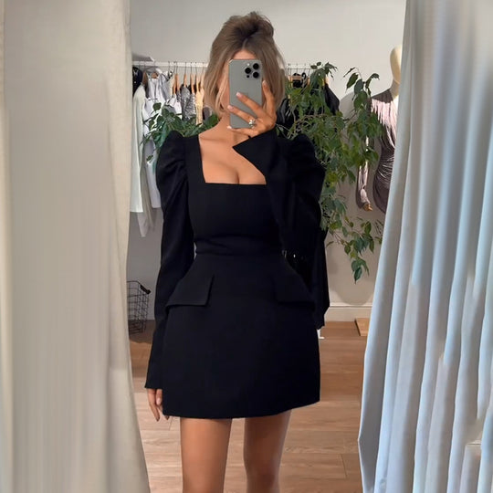 Damen elegantes Minikleid mit Puffärmeln und tailliertem Schnitt EB