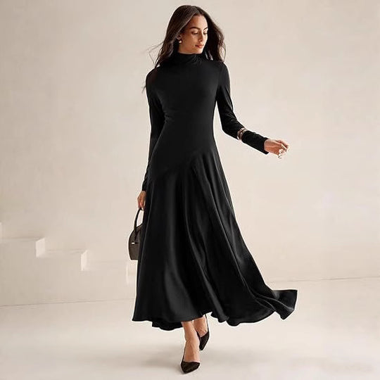 Damen Elegantes Langarm Maxikleid mit hohem Kragen und fließendem Rock EB