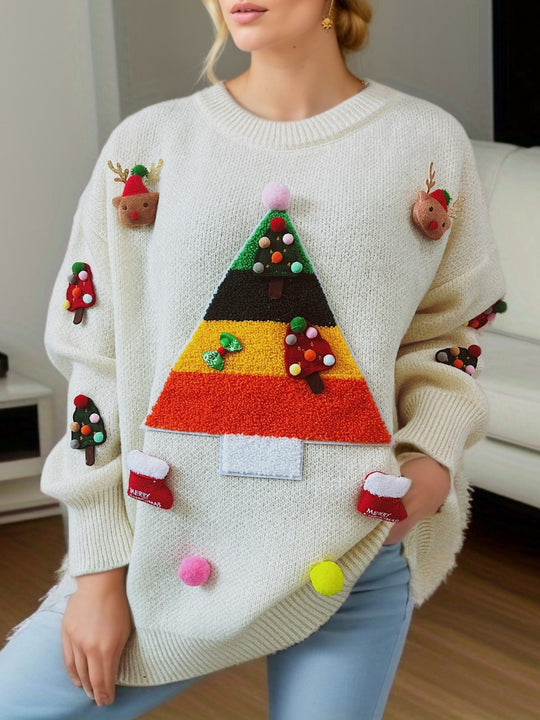 Damen Weihnachts-Pullover mit festlichem 3D-Motiv und dekorativen Applikationen EB