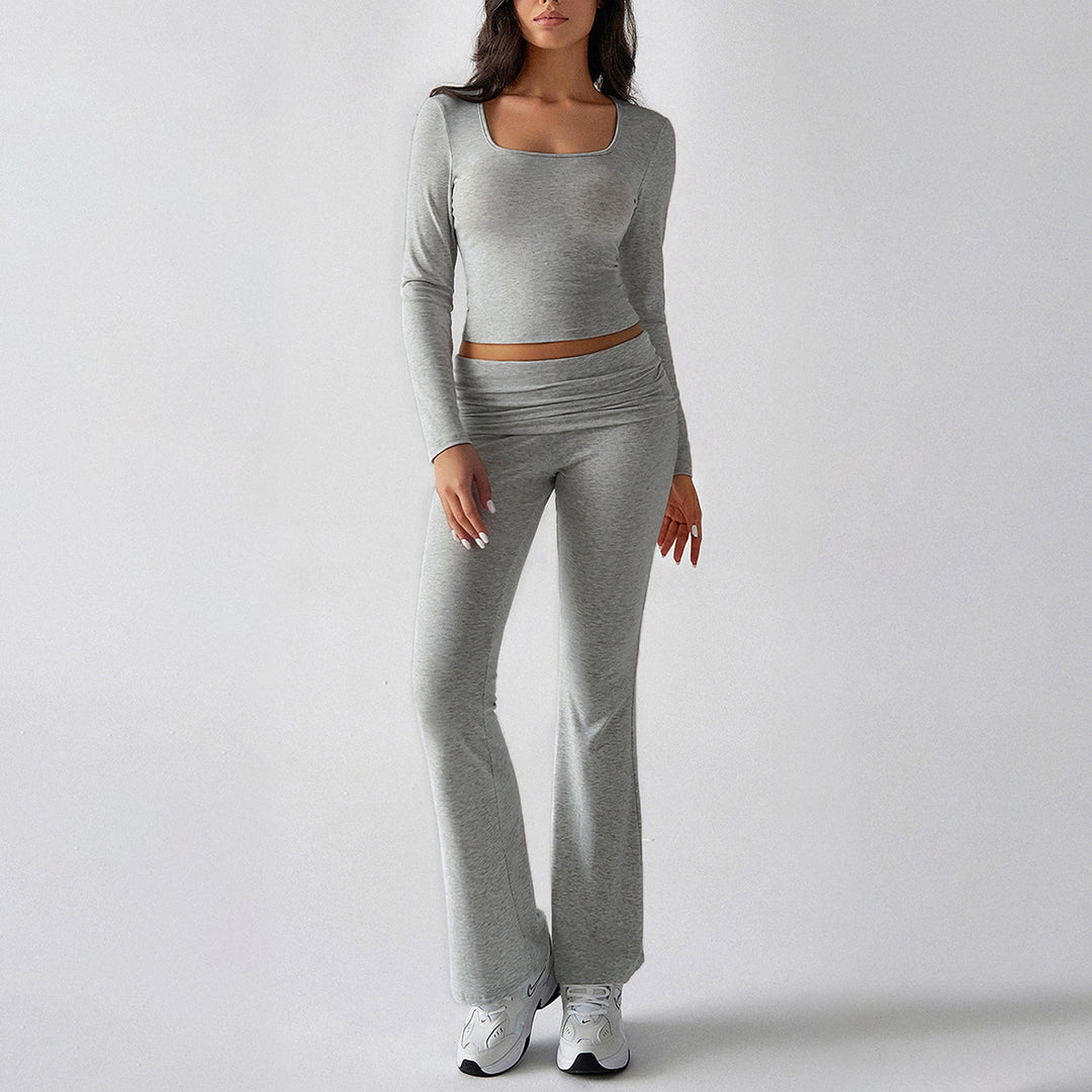 Damen nan figurbetontes Cropped-Set mit langärmeligem Top mit quadratischem Ausschnitt und ausgestellter High‑Waist Yoga-Hose EB