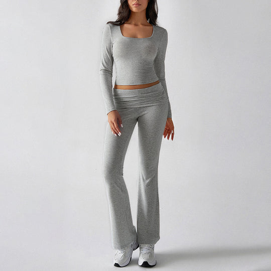 Damen nan figurbetontes Cropped-Set mit langärmeligem Top mit quadratischem Ausschnitt und ausgestellter High‑Waist Yoga-Hose EB