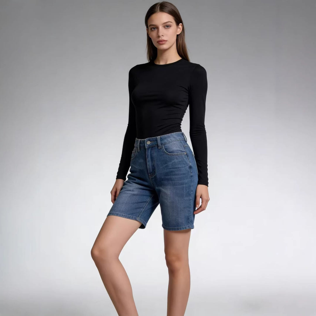 Damen figurbetontes Cropped Oberteil mit Stehkragen und kurzen Ärmeln EB