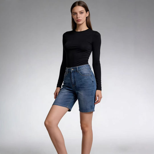 Damen figurbetontes Cropped Oberteil mit Stehkragen und kurzen Ärmeln EB