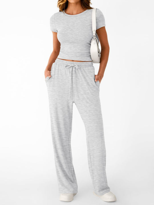 Damen lässiger Freizeitanzug mit kurzen Ärmel und weiten Hosen EB