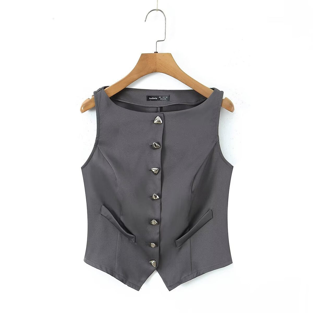 Damen-Set aus tailliertem Weste und kurzem Rock mit eleganten Knopfdetails EB