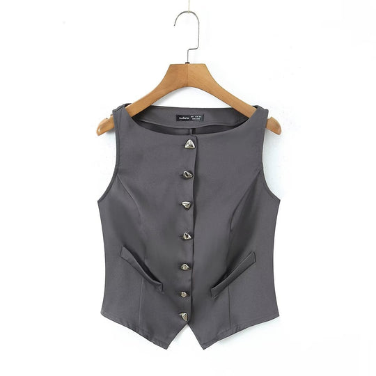 Damen-Set aus tailliertem Weste und kurzem Rock mit eleganten Knopfdetails EB