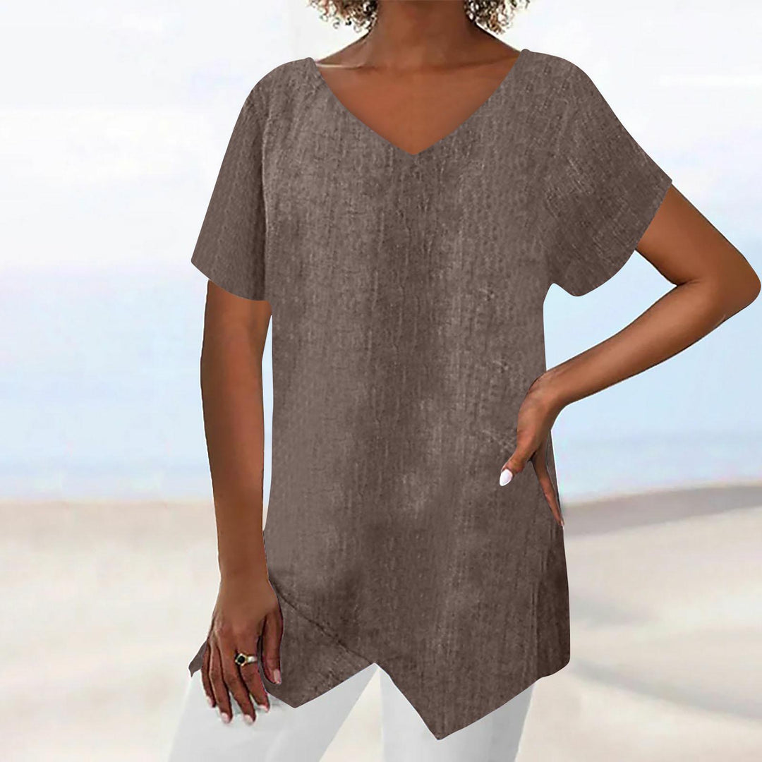 Damen lässige V-Ausschnitt Tunika mit asymmetrischem Saum EB