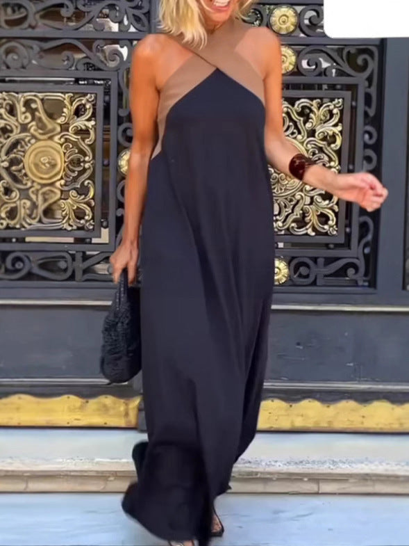 Damen elegant geschnittenes Maxikleid mit asymmetrischen Trägern und hochwertigem Stoff EB