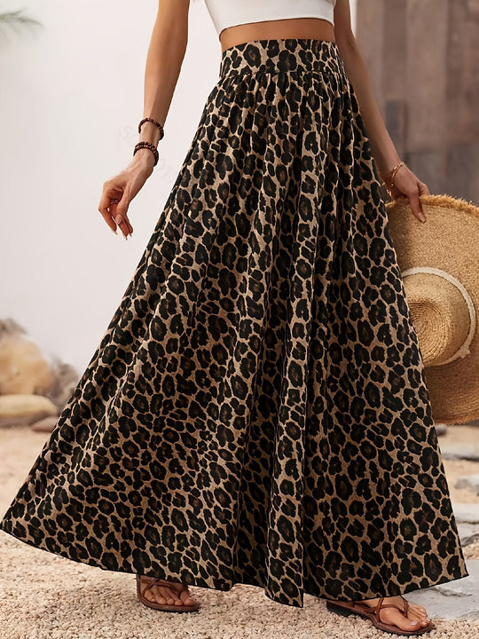 Damen Maxi-Rock mit elastischem Bund und Leopardenmuster EB