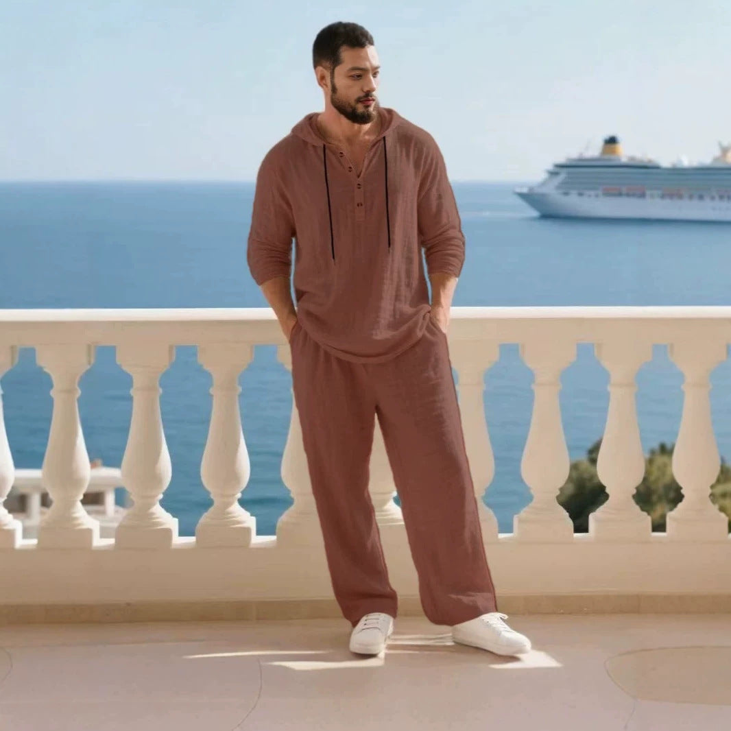 Herren nan lässiges Leinenzweiteiler-Set mit Kapuzenhemd im Henley-Stil und weiten Freizeit-Hosen EB