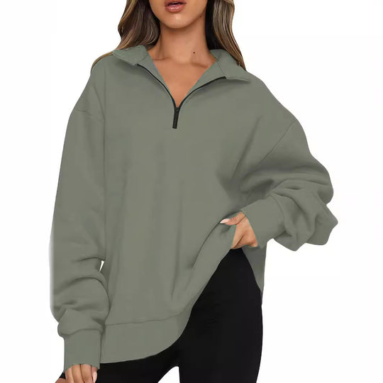 Damen nan Oversized Sweatshirt mit Kurzreißverschluss, Stehkragen und Kängurutasche EB