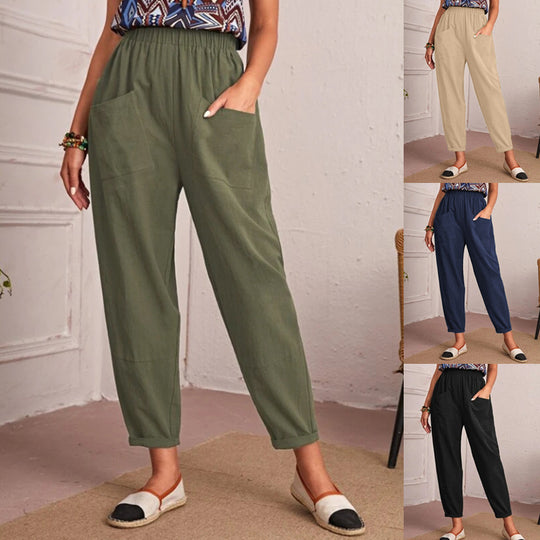 Damen Trendige Leinenhose mit elastischem Bund und praktischen Taschen EB