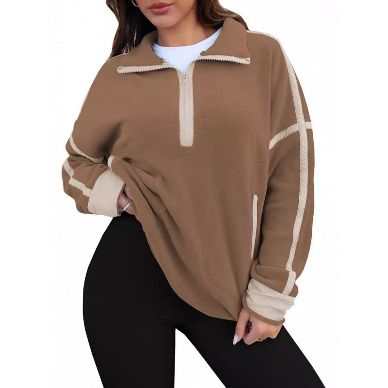Damen Fleecpullover mit halbem Reißverschluss und kontrastierenden Ärmeln EB