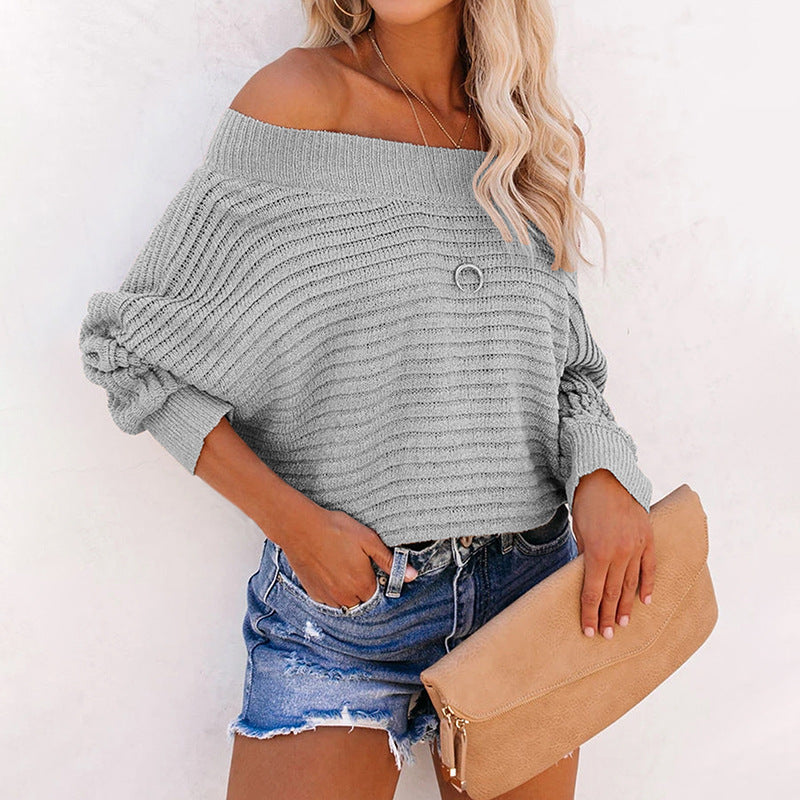 Damen lässiger Pullover mit schulterfreiem Design und strukturiertem Strickmuster EB